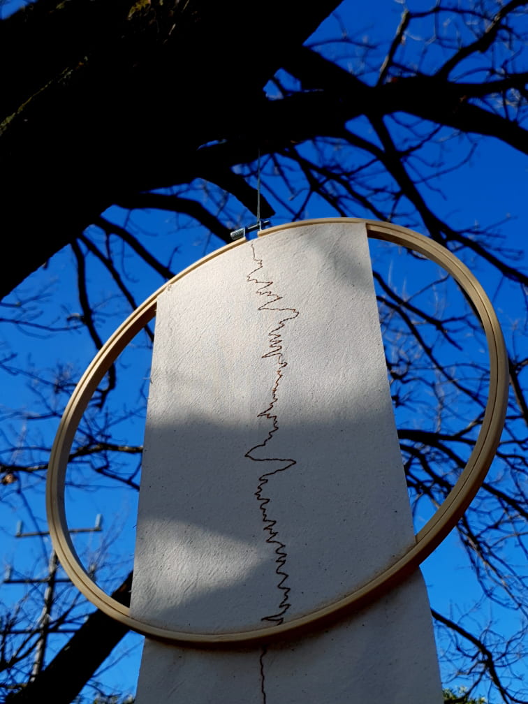 Photograph of embroidery hoop with a single line stitched onto the fabric within it