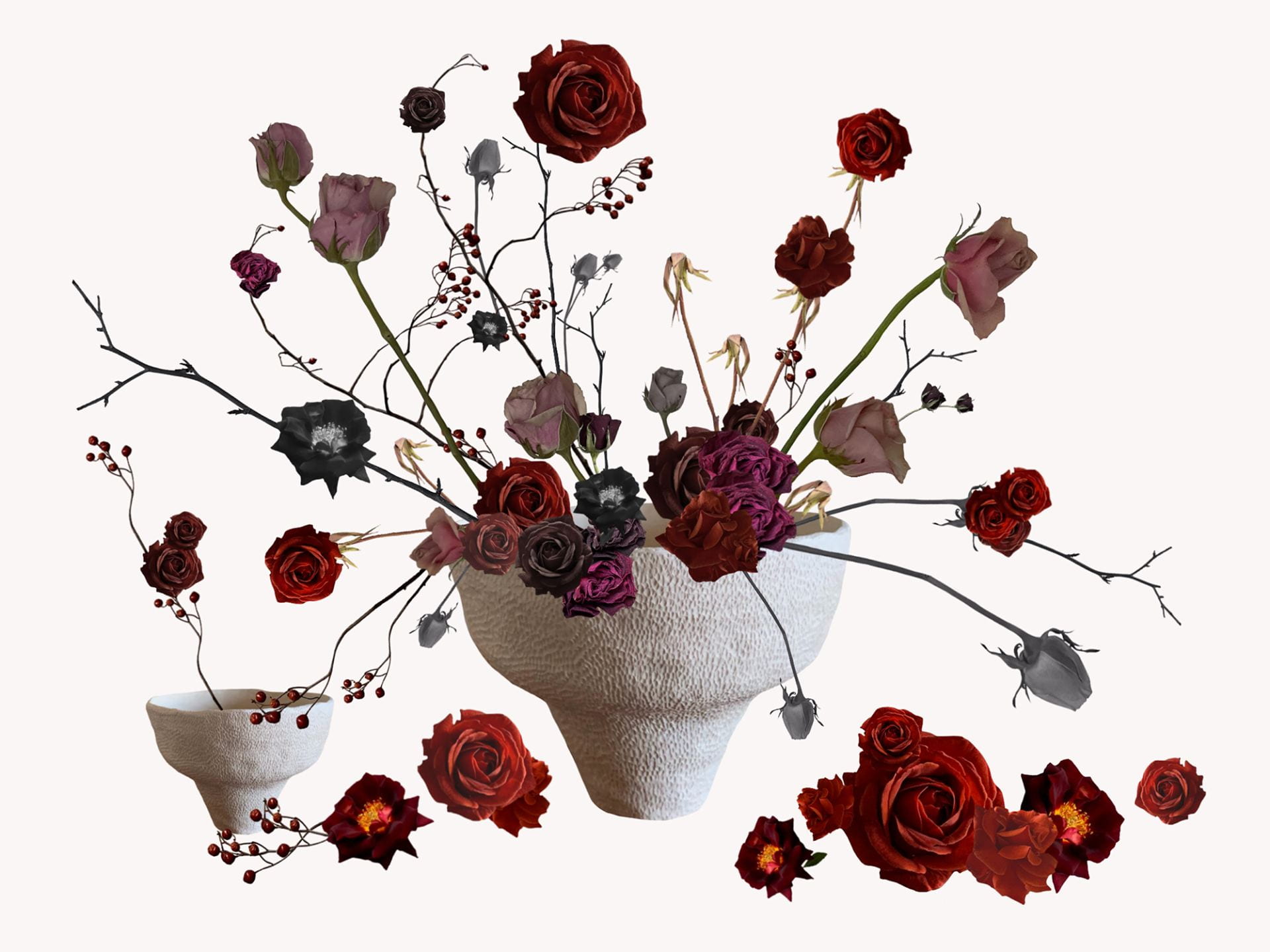 Digital collage of a floral composition including roses, rose hips, and rose stems arranged within two clay vessels