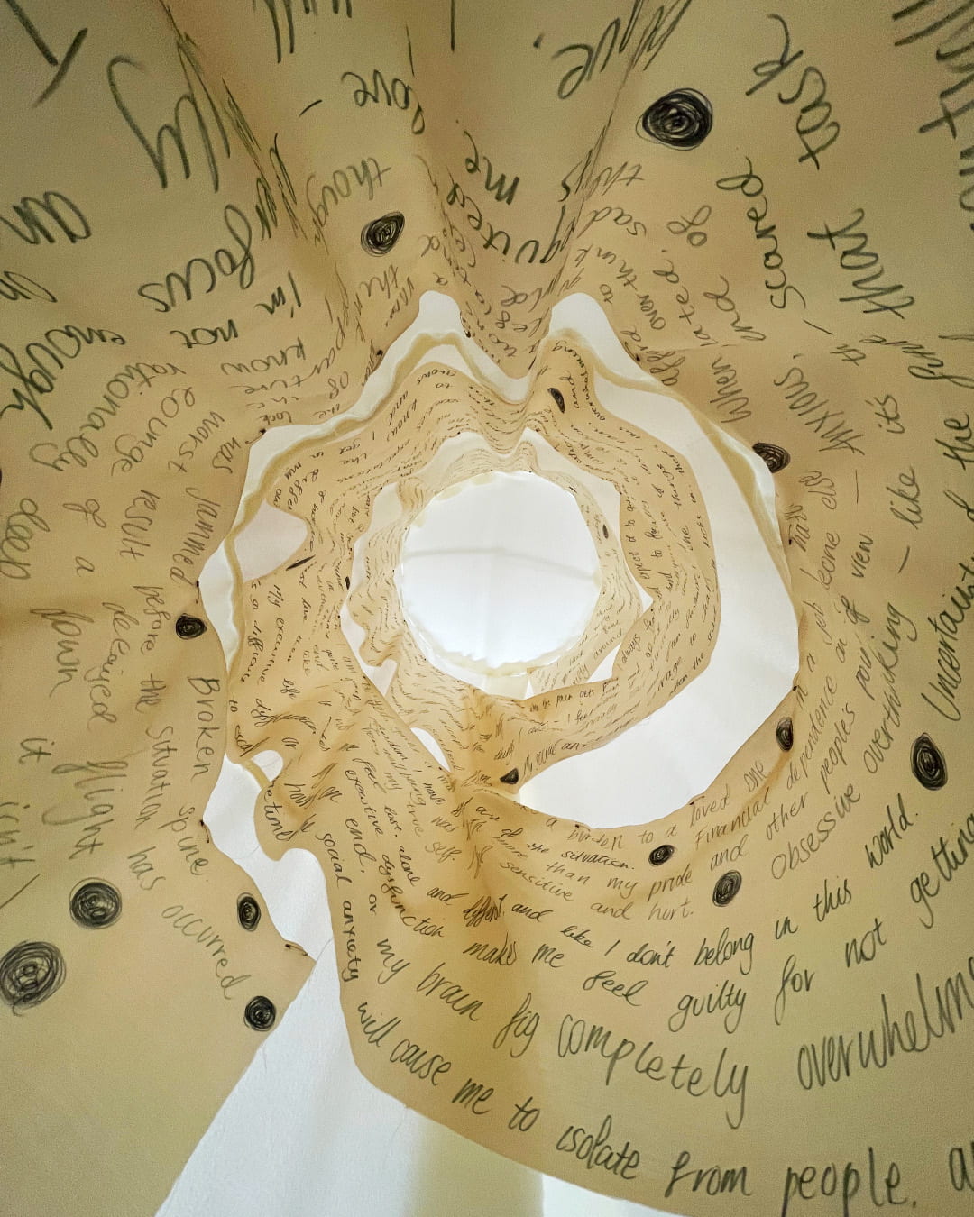 written text on fabric, spiralling around fleece fabric