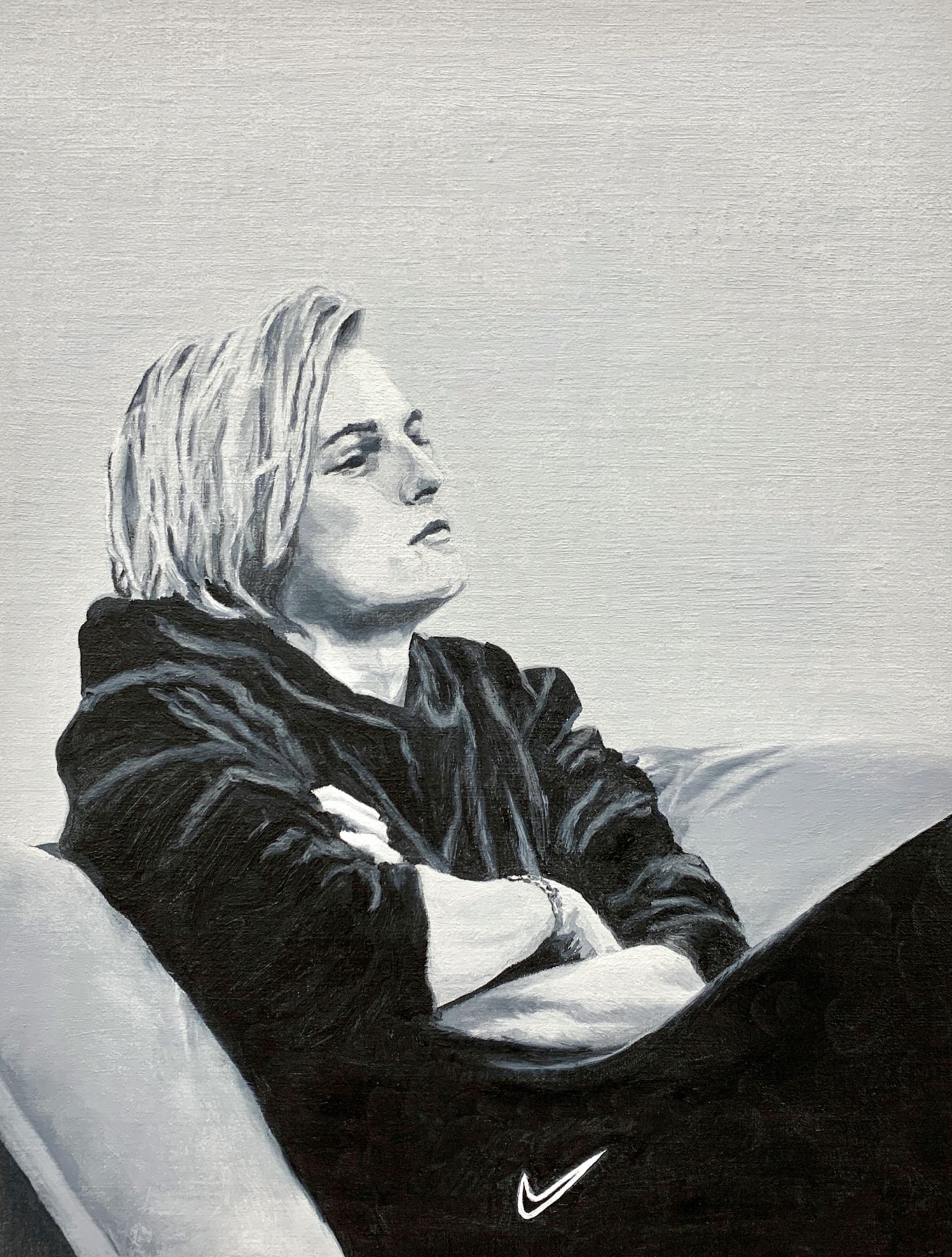 monochrome oil painting of a young man