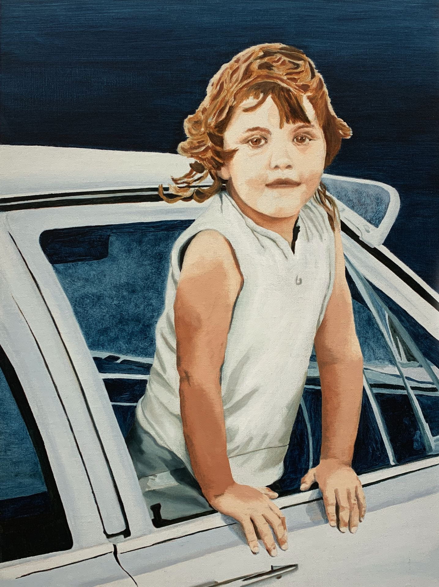 oil painting of young girl leaning out of car window
