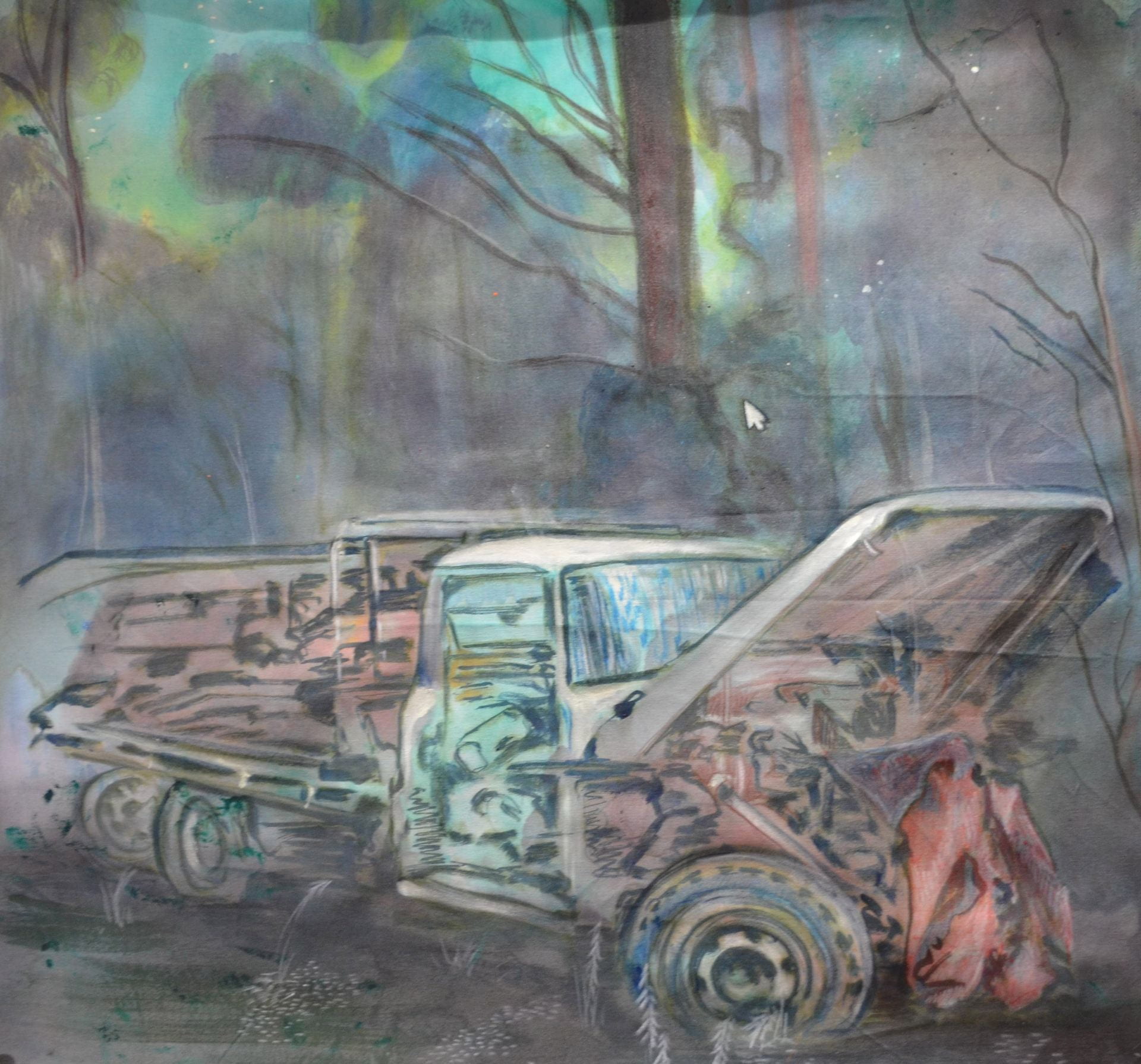 Terry’s Dodge (we racked for parts). Acrylic, chalk, and wax on cotton drill. 40cm x 40cm