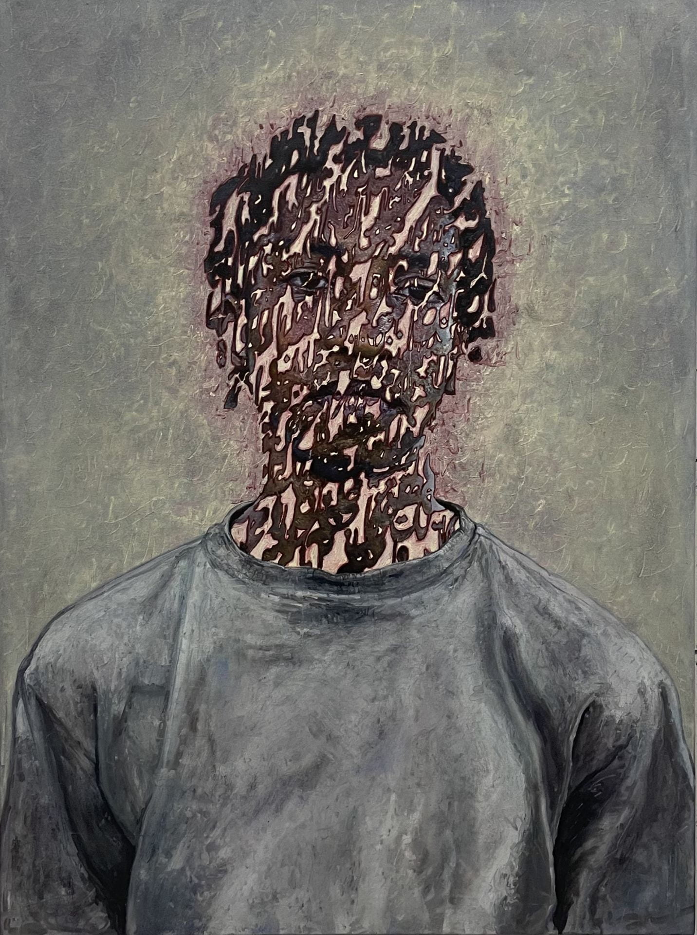 Painting of person with calligraphy embedded in the face