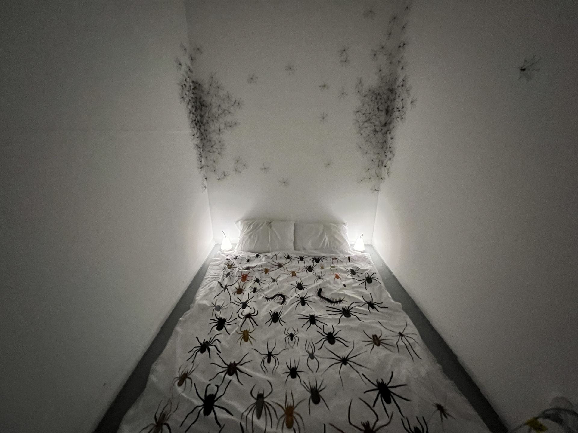 Photograph of installation, bed spread painted with spiders laid down on the floor with pillows and wire spiders climbing the walls.