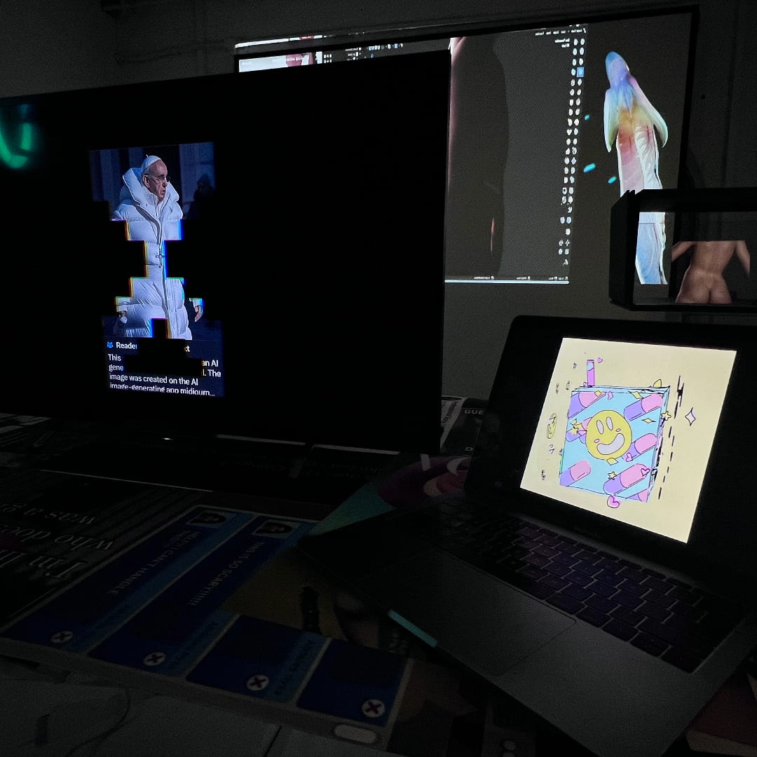Photograph of a dark room with a desk that has a TV and laptop on it. The TV displays an AI generated image of the Pope in a puffer jacket. The computer displays a 3D pencil drawing of a juice box with pills on it. Behind the desk, there is a video projection of blanket octopuses and a hologram of a 3D nude model.