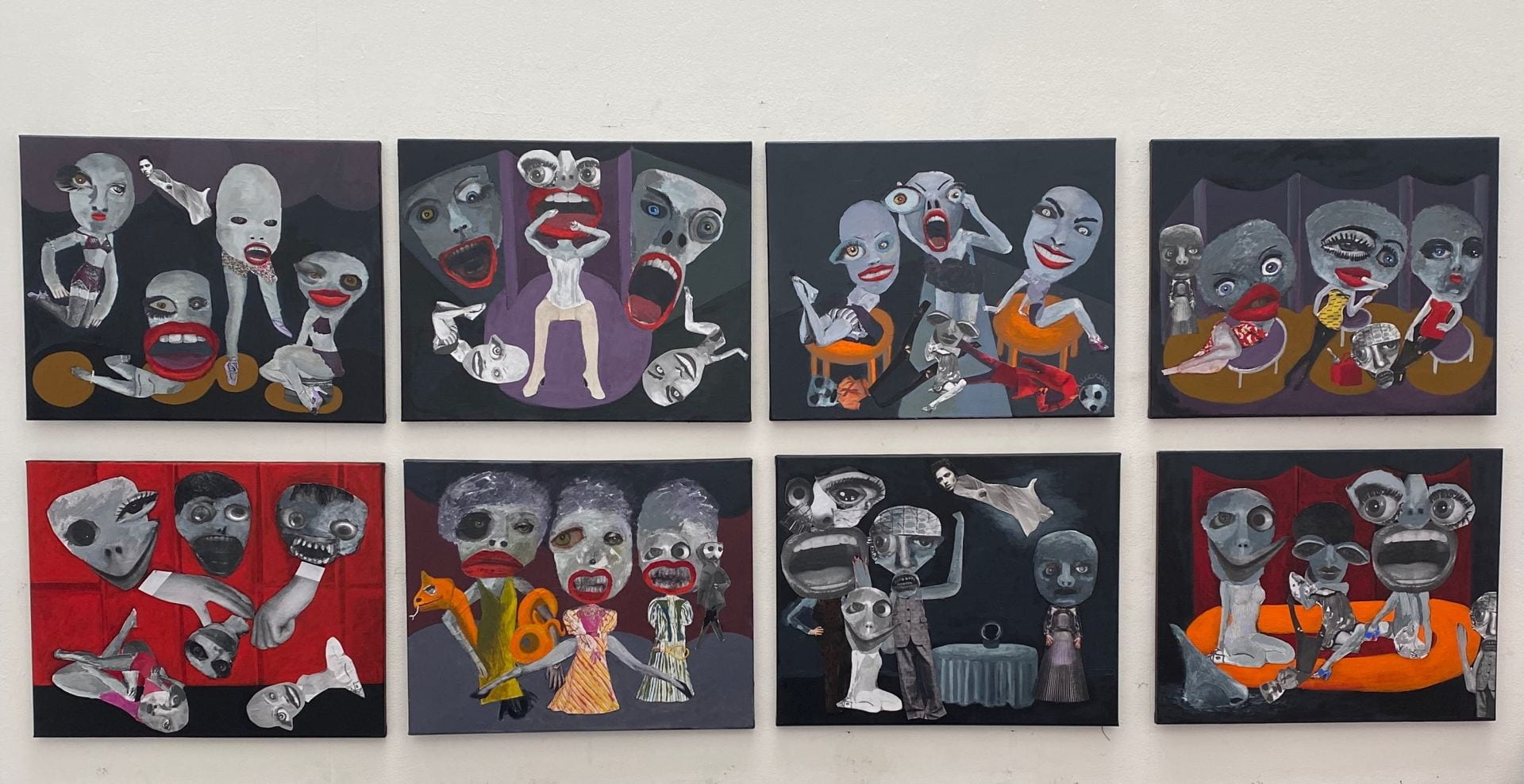 Collages of monsters, acrylic paint on canvas