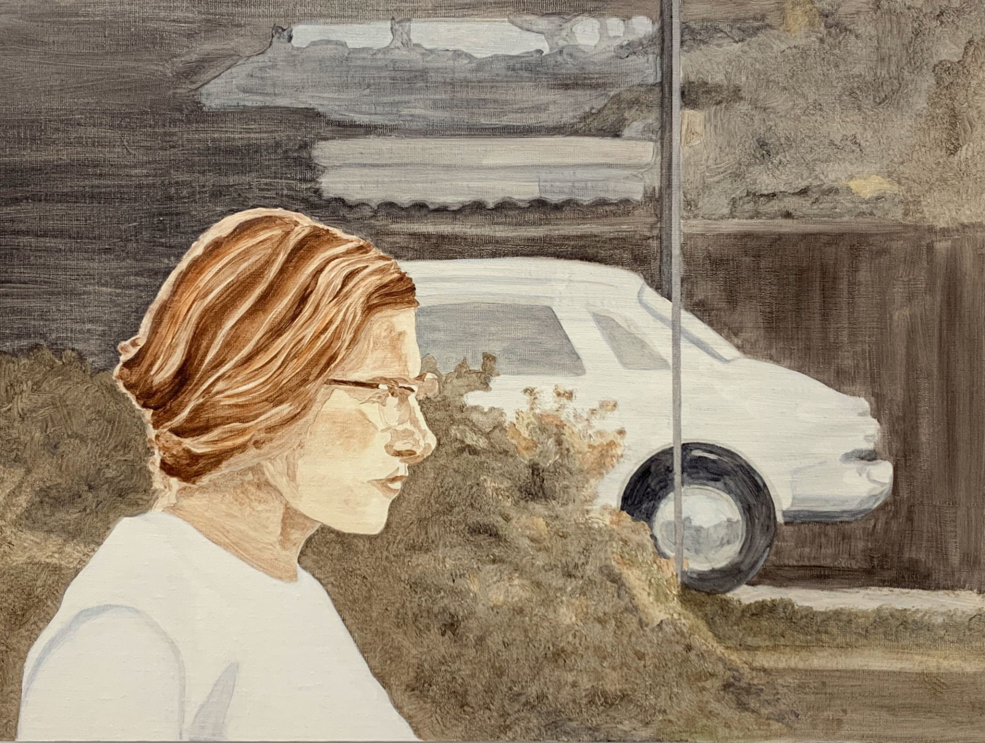 painting of a profile of a woman in white in front of a carport and vintage car