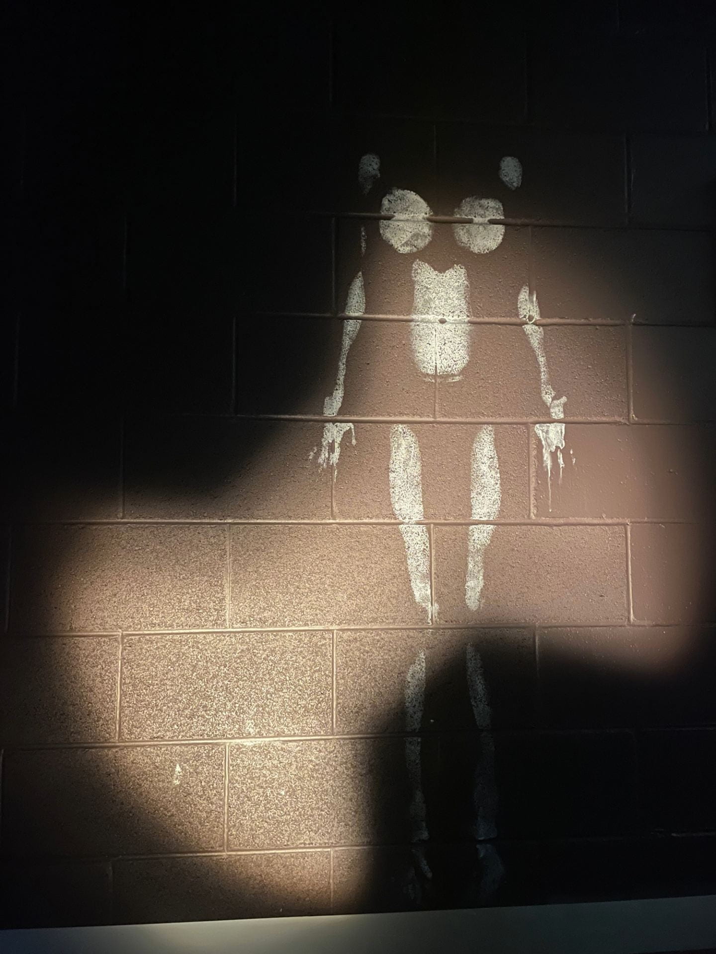 white body imprint against dark wall, curved spotlight diagonally shining on the figure