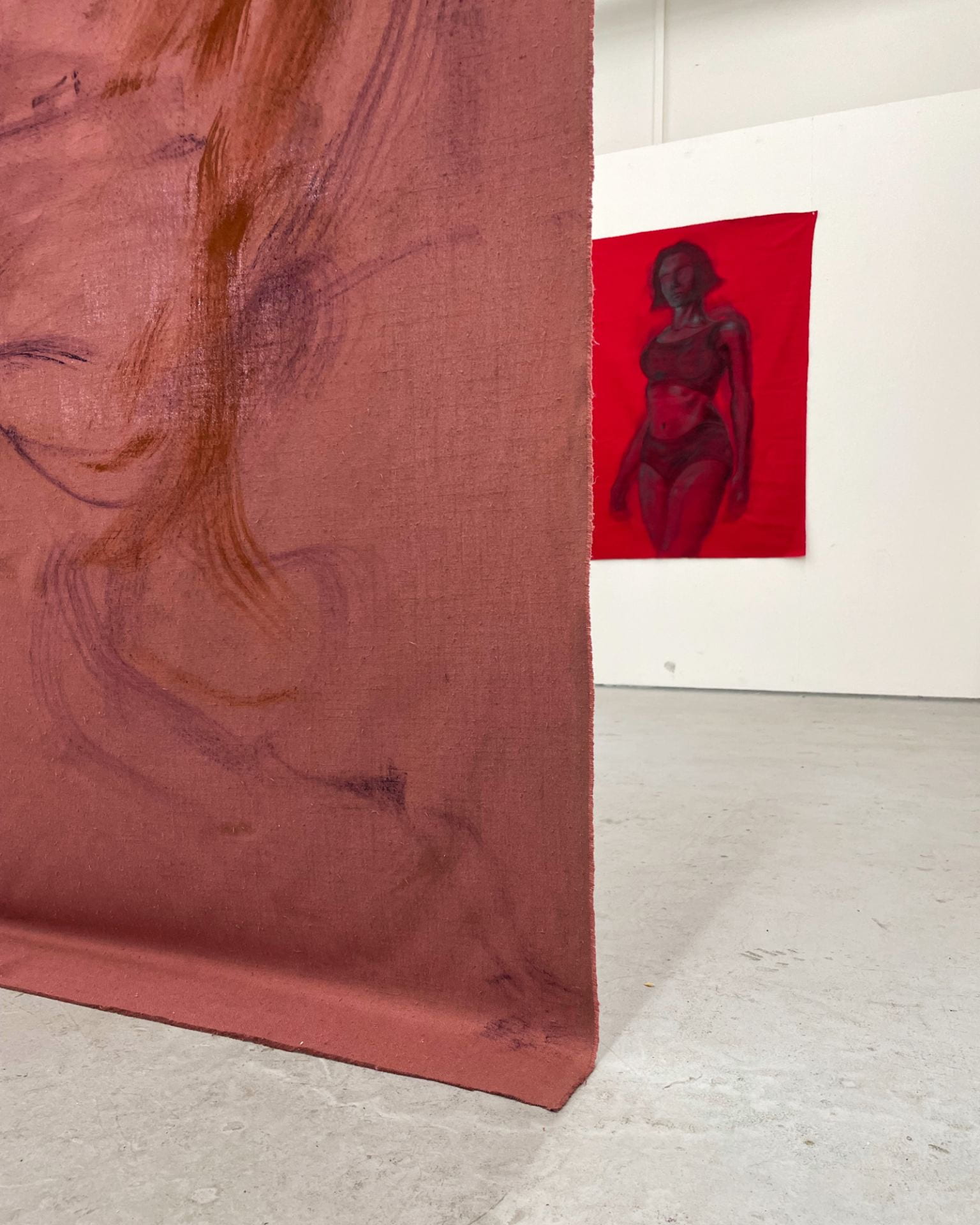 abstract movement is displayed on soft mauve fabric which drapes onto the floor, a female figure on vibrant red fabric looms in the background