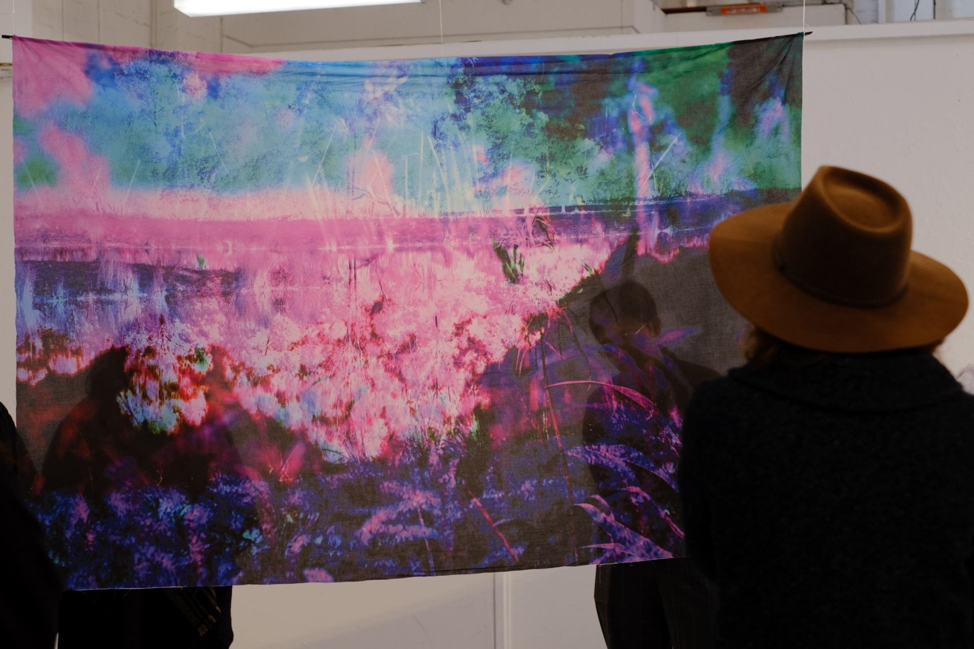 Installation view of an abstracted landscape image printed on fabric