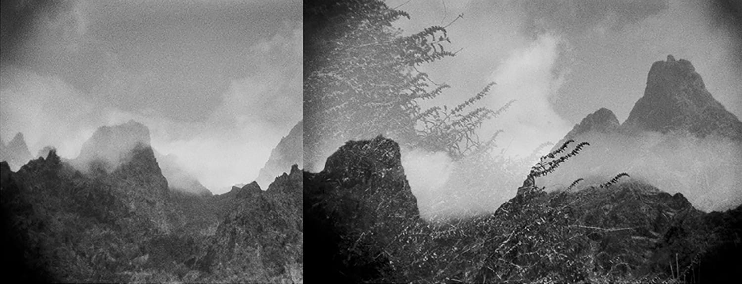 Mountains, double exposure, black and white.