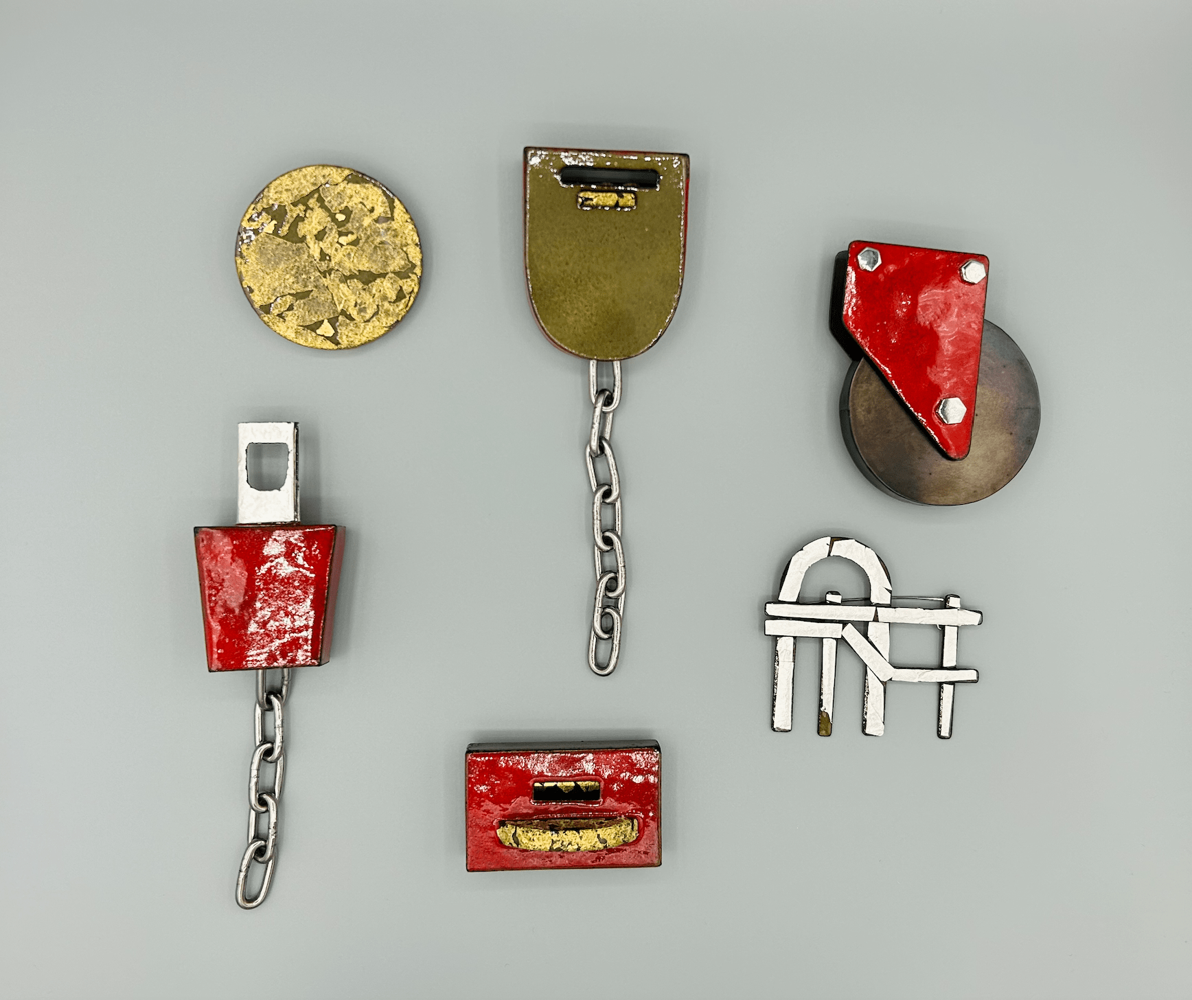 Beth Sanderson, ‘Trolley Bits’ 2023, series of six brooches, mild steel, vitreous enamel, stainless steel, sterling silver, gold foil, largest 17.5 x 5 x 2.5cm