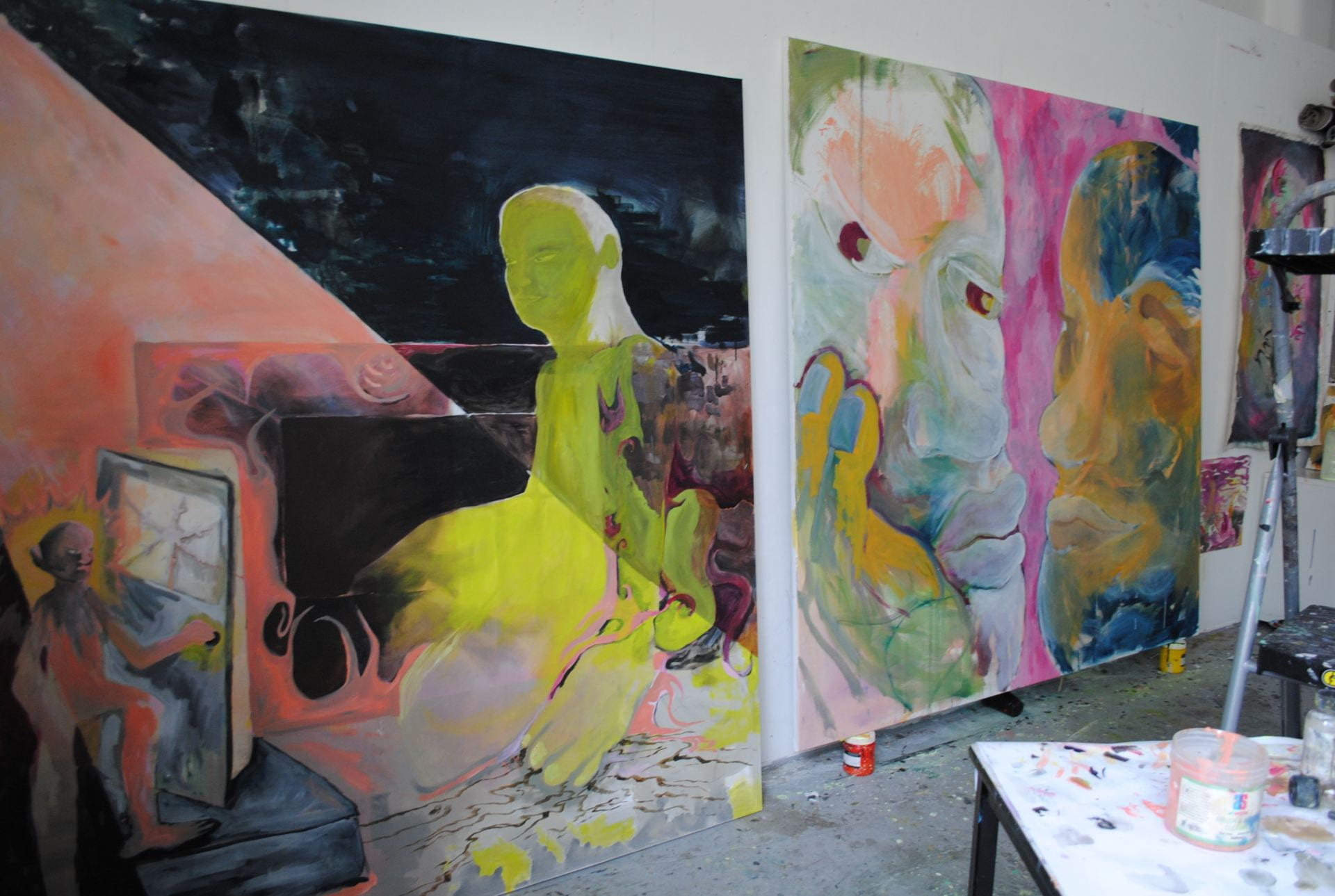 Two unfinished paintings in Milli's studio
