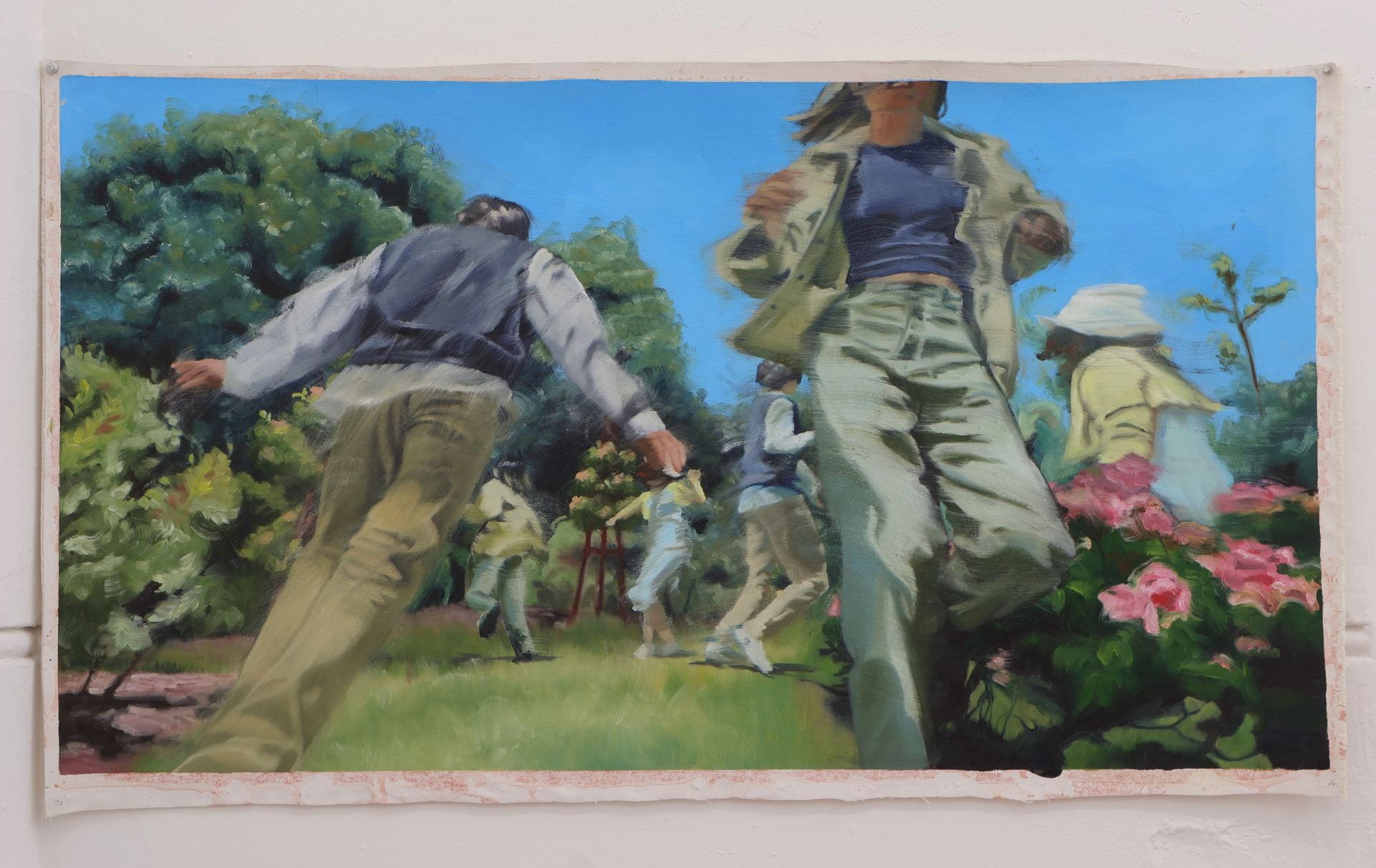 A painting of multiple people running in a garden