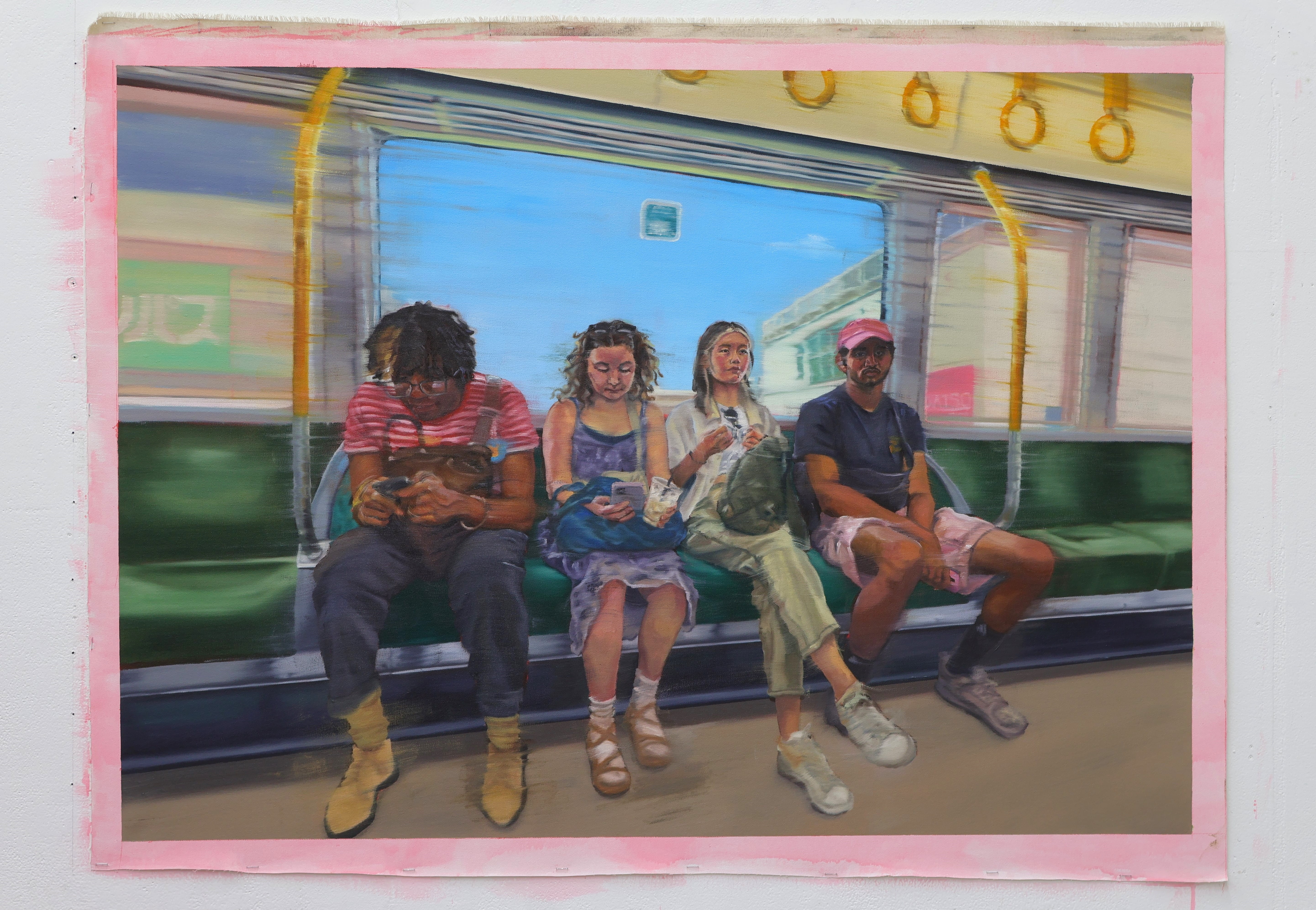 A painting of four people sitting in a train in Japan