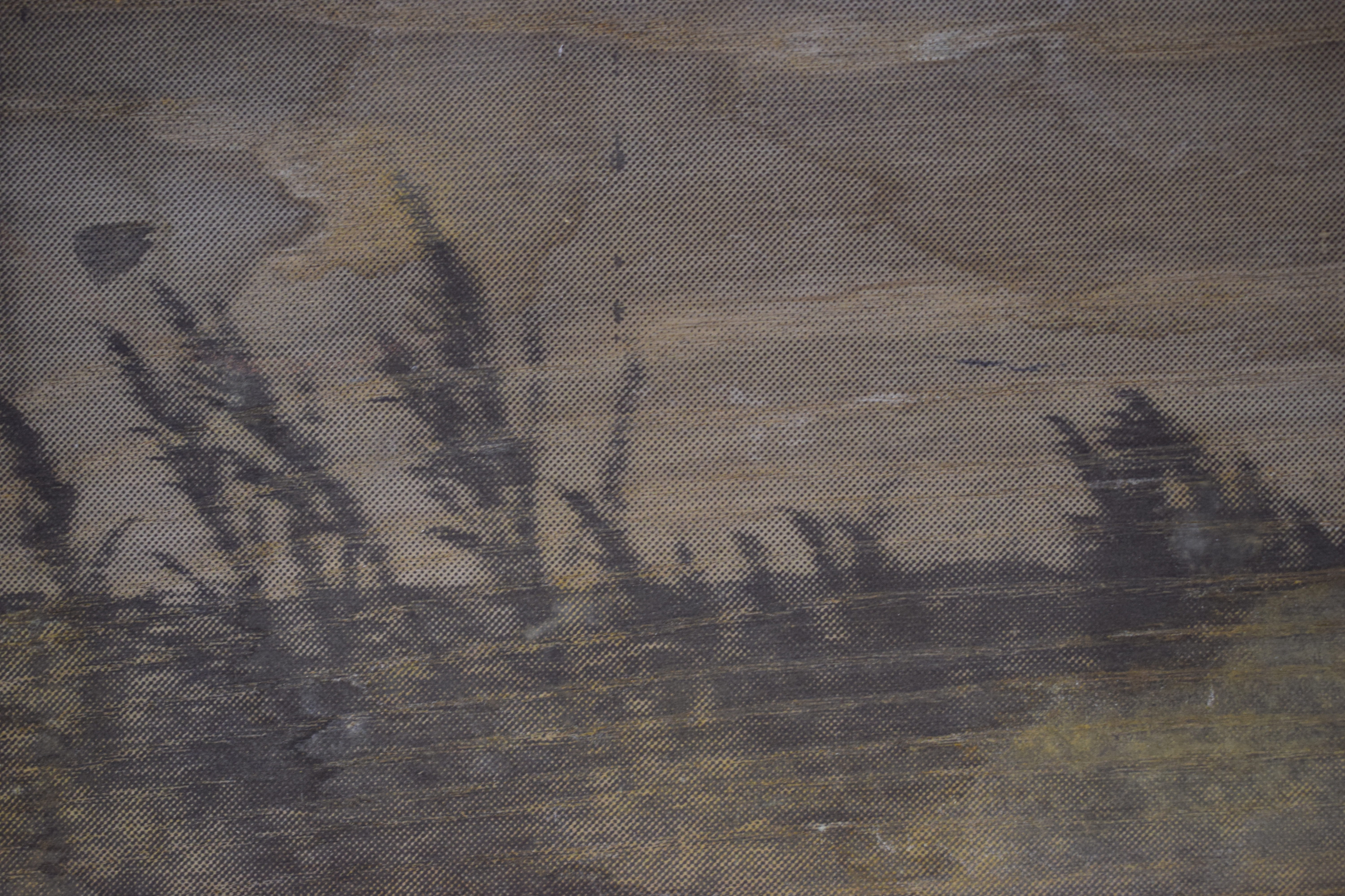 An image of landscape taken from a moving car. Grey scale printed on metal. 