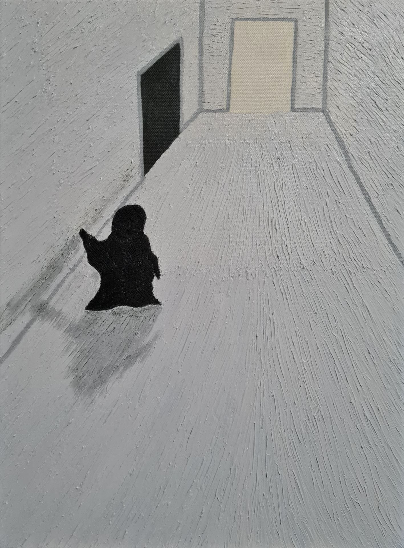 A painting of a hall with a white door at the end and a black door on the left hand side. A black ghost shaped person floats down the hall.