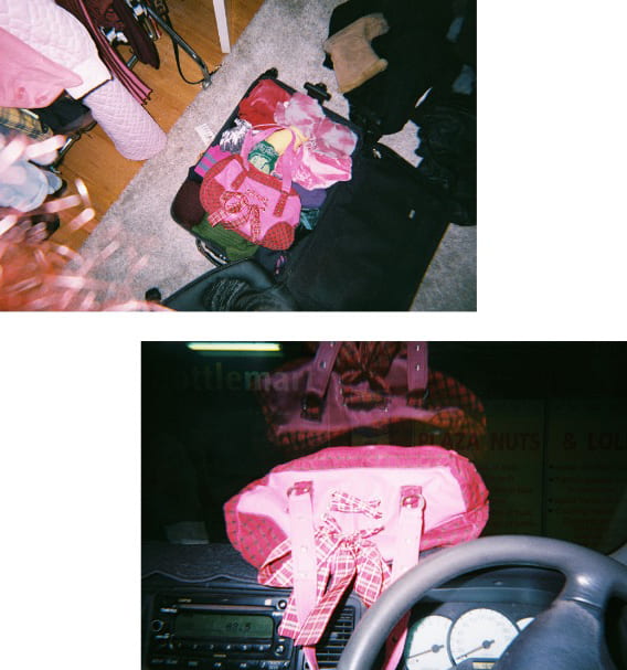 Two photographs depicting a pink handbag. In one phot the bag sits on a car dashboard. In the other it is packed into a full suitcase. 