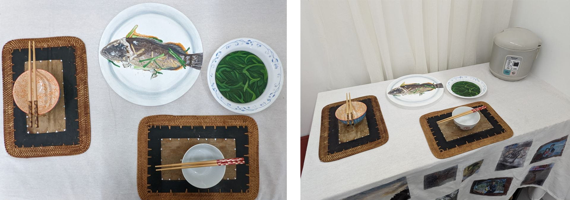 A table is set with placemats, bowls and chopsticks. To plates sit in the middle with photorealistic painted food on them including a plate with a baked fish and a bowl with steamed greens. 